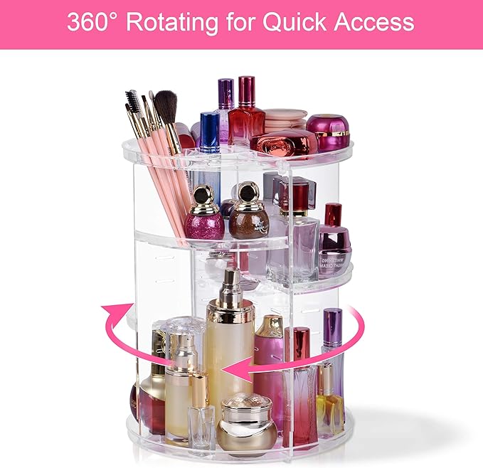 360 Rotating Makeup Organizer, DIY 8 Adjustable Layers Spinning Skincare Organizer, Cosmetic Holder Shelf, Make Up Organizers and Storage for Vanity Bathroom Countertop (Clear-A)