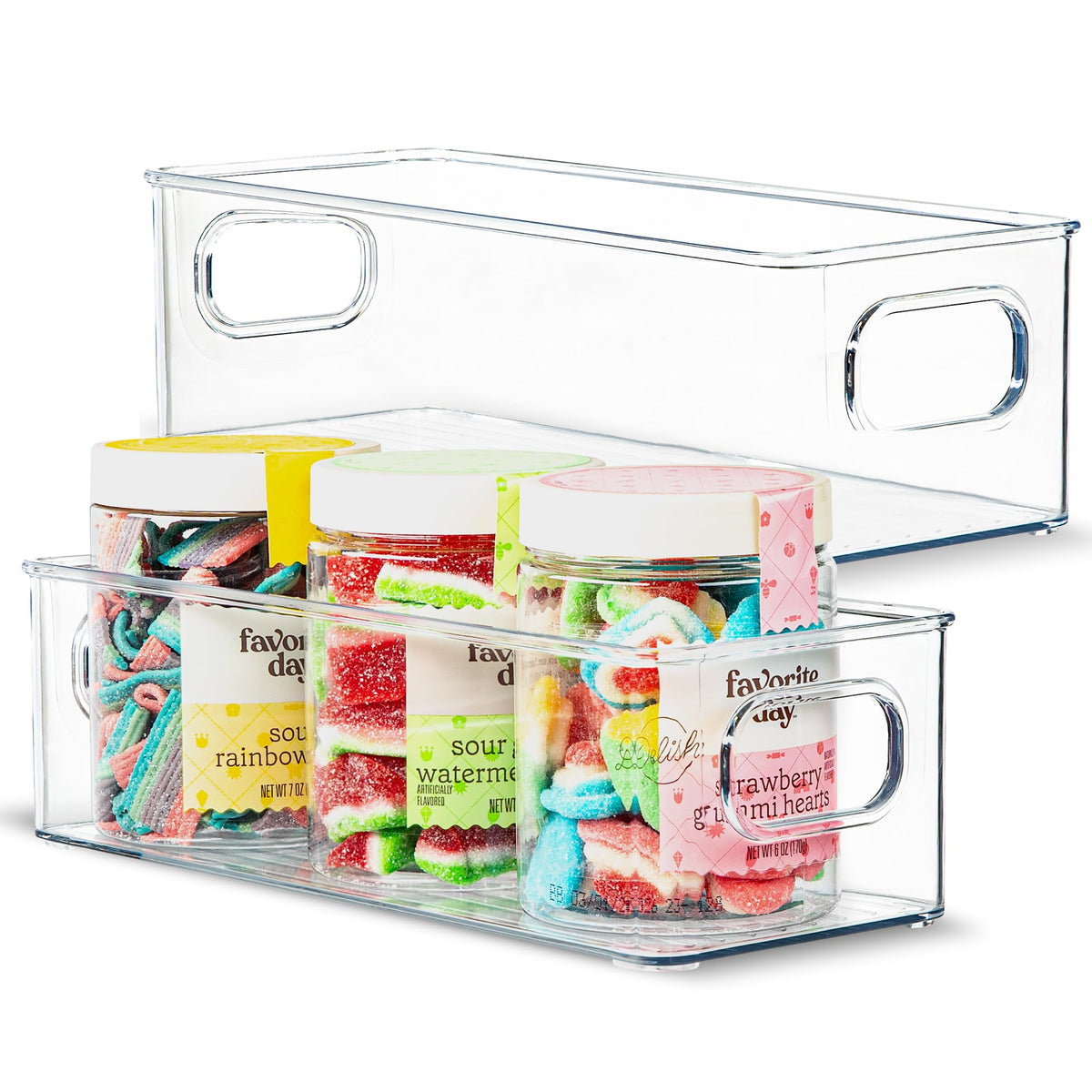 Plastic Food Storage 2 Pack Clear Container Bin with Handles for Organizing Kitchen, Pantry, Refrigerator, Freezer, Pantry, Cabinet, Closet, Bathroom. 16”x8”x5”