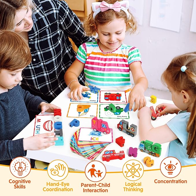 Vanmor Wooden Vehicle Alphabet Puzzle for Toddlers, Traffic ABC Letter Sight Words Matching Game with 52 Blocks and Flash Cards, Montessori Spelling Game Learning Toys, Easter Basket Stuffers for Kids
