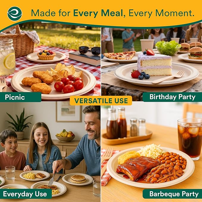 ECO SOUL 100% Compostable Paper Plates 10 Inch [1000-Pack] Biodegradable Heavy Duty Eco-Friendly Disposable Plates for Dinner, Parties, Wedding & Event