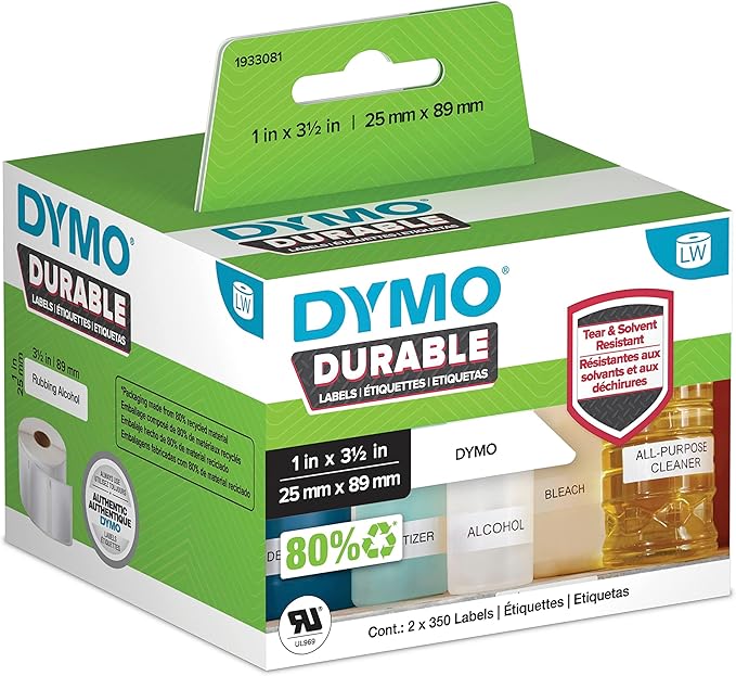 DYMO LW Durable Industrial Labels for LabelWriter Label Printers, White Poly, 1” x 3-1/2”, 2 Rolls of 350 (700 Total)