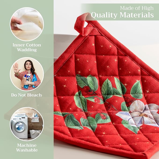 Maison d' Hermine Pot Holders Set 100% Cotton Heat Resistant Potholders 8" x 8" Hot Pads with Loop for Thanksgiving Christmas Decorations BBQ Cooking Baking Handling Hot Pans (Pack of 2, Noel)