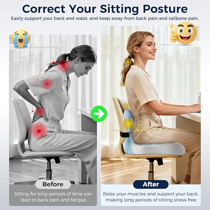 Seat Cushion, Office Chair Cushions for Tailbone Relief, Seat Cushions for Office Chair with L-Shaped Ergonomic Design & Adjustable Strap, Memory Foam Chair Cushion for Long Sitting Worker(Blue Grey)