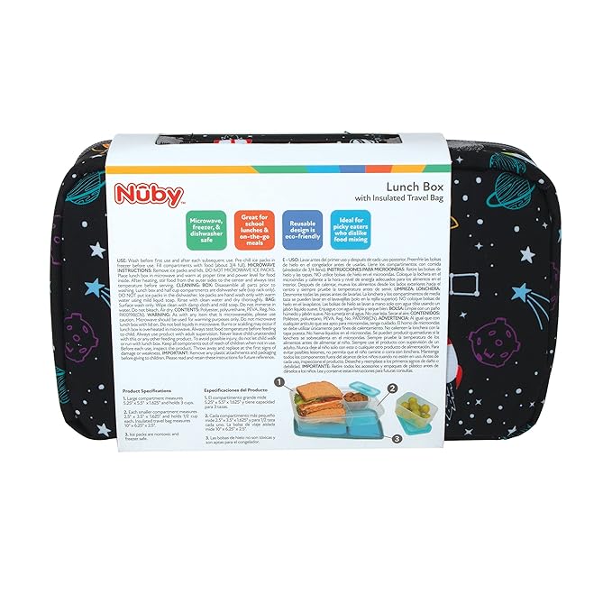 Nuby Lunchbox with Insulated Travel Bag - Bento Lunch Box - 3+ Years - Galactic Design - Back to School Essentials