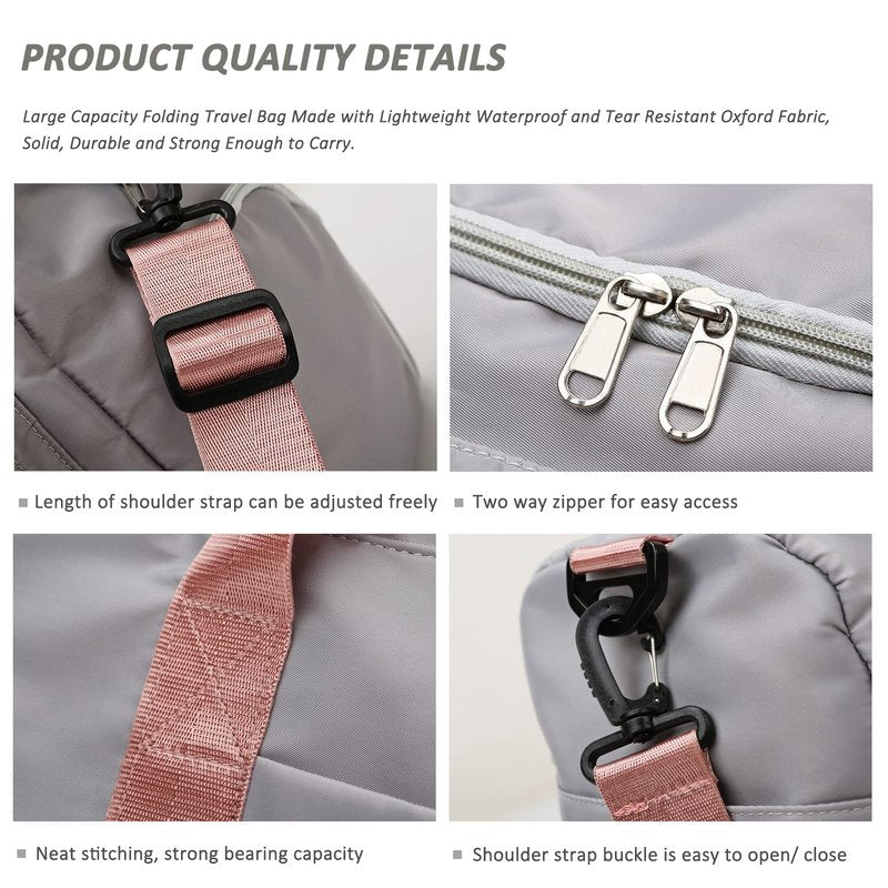 Pink+Toiletry Gym Bag for Women - Foldable Travel Duffel with Wet Pocket & Shoes Compartment, Dance & Overnight Bag, Small Luggage for Women and Man