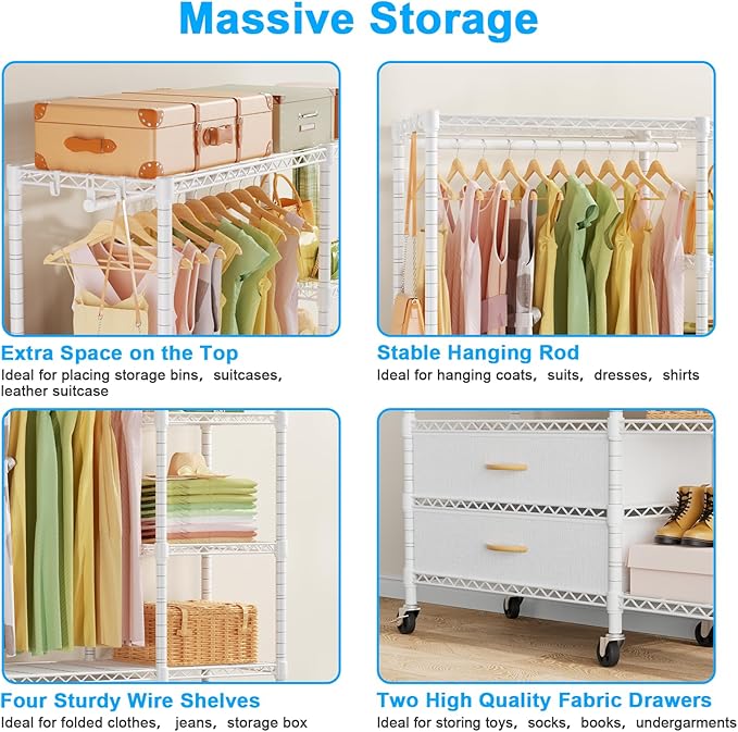 Ulif F3R Heavy Duty Clothes Rack（With Lockable Wheels）Freestanding Clothing Racks for Hanging Clothes，Adjustable Closet Organizer System，Portable Garment Rack 40"W x 15"D x 74"H，Max Load 700LBS，White