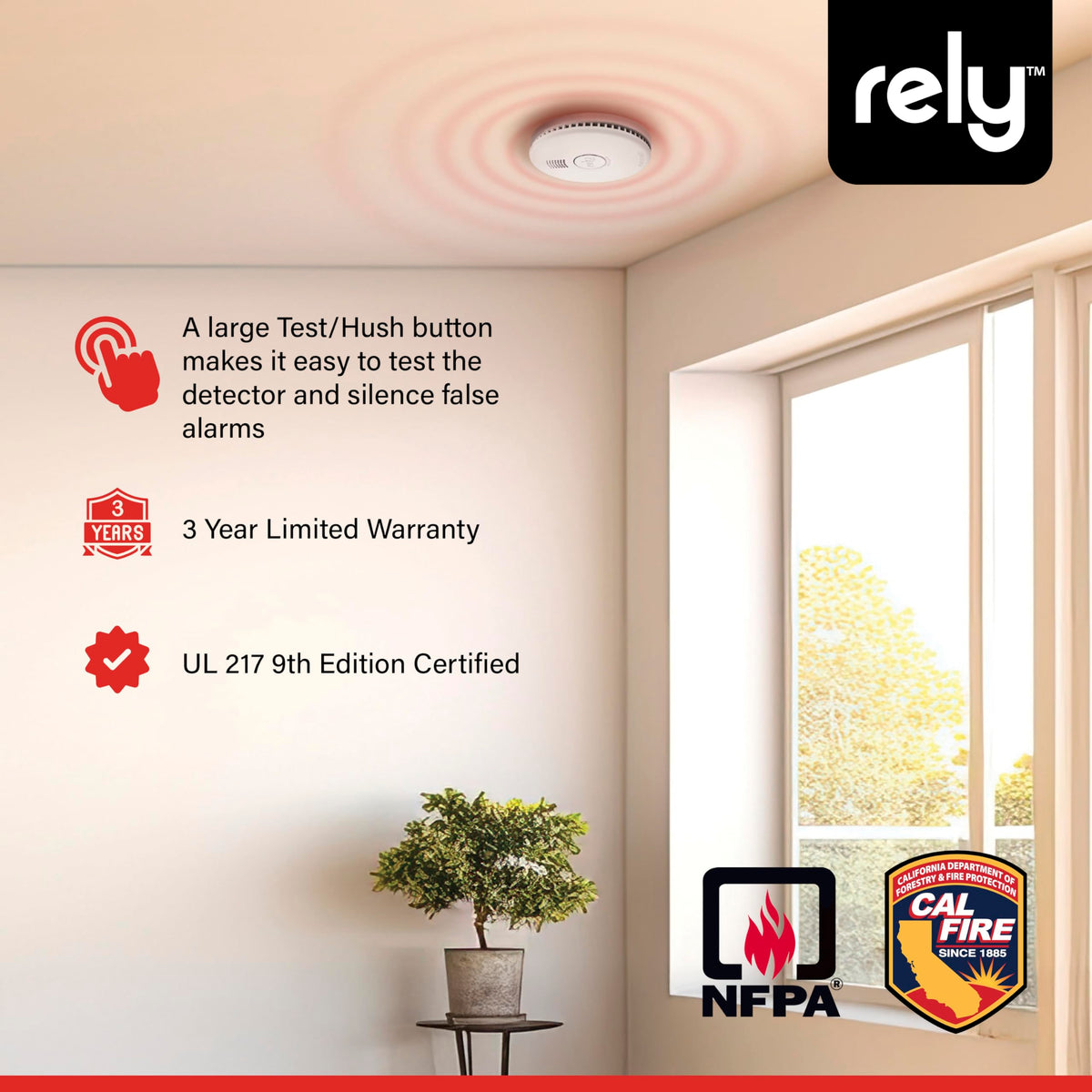 Rely Essentials 5400 Smoke Alarm – Hardwired AC Powered with Battery Backup - Photoelectric Smoke Detector - Interconnect, Easy Install – 1 Pack