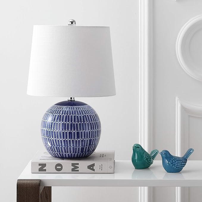 JONATHAN Y 21" Navy Ceramic Hand-Painted Scallop Sphere Table Lamp, Coastal Transitional Bedside Lamp with White Linen Drum Shade, LED Bulb Included JYL5044A