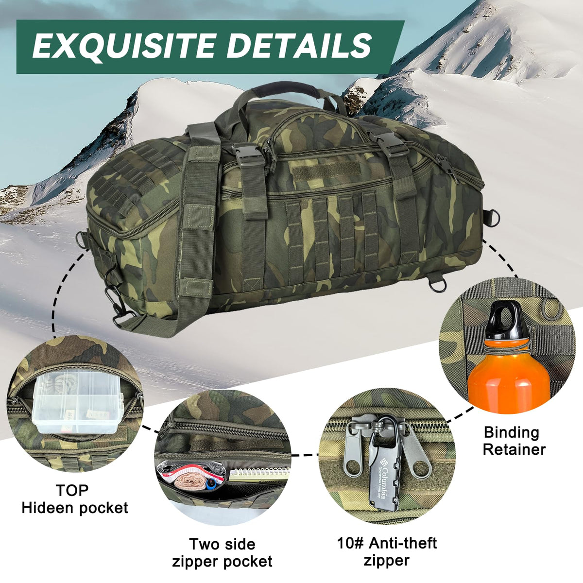Hannibal Tactical 55L Large Duffle Bag, 3-in-1 Tactical Backpack MOLLE Pack for Sports, Gym, Outdoor, US Woodland