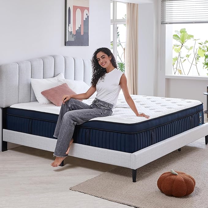 Suiforlun 14 Inch Queen Mattress with Ice Silk Cover, Euro Top Hybrid Gel Memory Foam with 7-Zone Individually Wrapped Coils, Medium Firm Queen Size Mattress for Pressure Relief