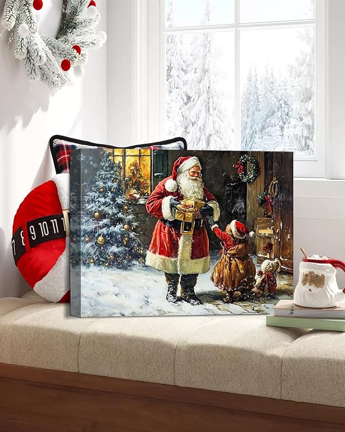 Vintage Santa Claus Christmas Canvas Wall Art - Festive Holiday Painting for Living Room,Bedroom & Bathroom, Cozy Winter Decor Framed Print, Perfect Christmas Gifts & Home Decoration