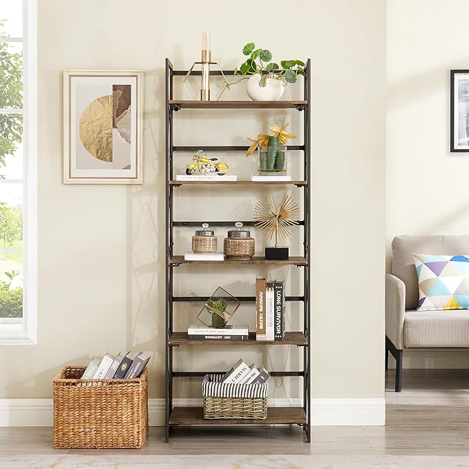 VECELO Folding Bookshelf, 5-Tier Bookcase Foldable, Industrial Tall Book Shelf Storage Organizer with Collapsible Metal Frame for Living Room/Home Office,Rustic Brown,1 Set