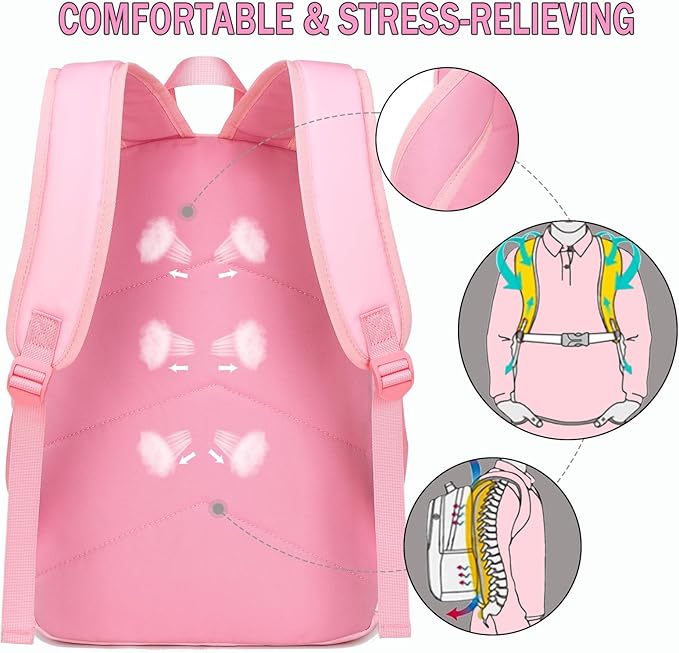 School Backpack for Girls Teens Bookbag with Lunch Box Set Kids Backpack Elementary Middle School Bag Daypack, Pink Cow