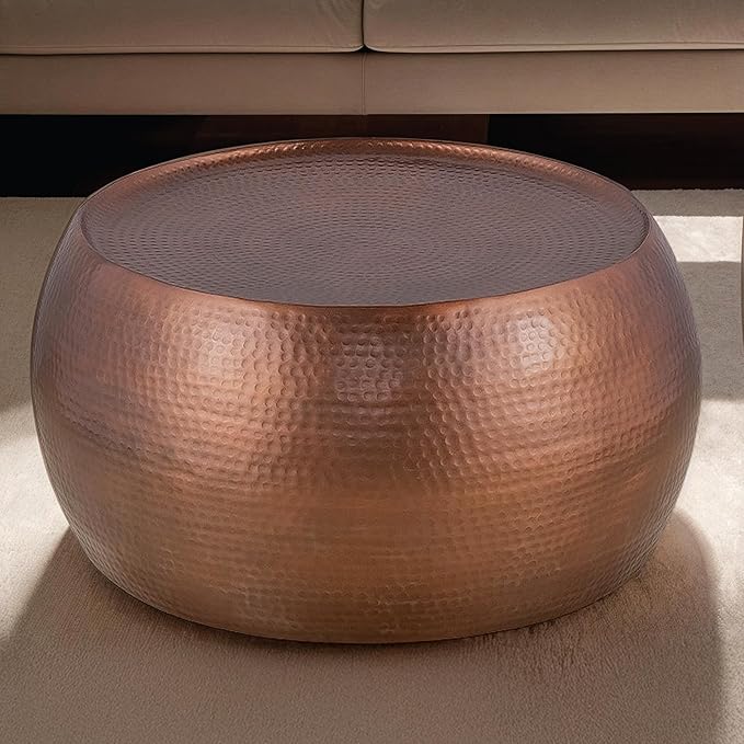 CT501 Modern Contemporary Round Aluminum Material 32" Coffee Table, Farmhouse Table with Glossy Hand Hammered Design Antique Copper
