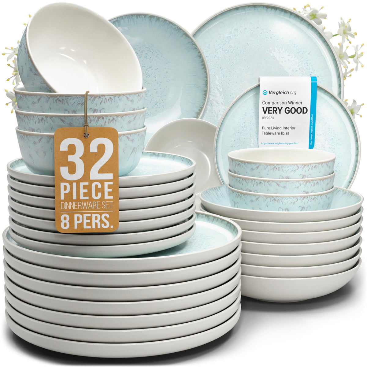 24 Piece Stoneware Dinnerware Set for 8, Handmade Plates and Bowls Set
