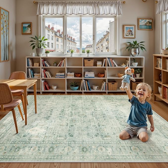 Lahome Vintage 6x9 Washable Green Rugs for Living Room Bedroom, Soft Dining Room Rugs for Under Table, Non Slip Indoor Throw Carpet for Entryway Kitchen Office (6x9ft,Light Green)