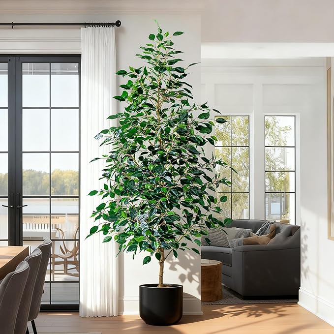 7FT Artificial Ficus Trees Indoor Faux Trees Indoor Fake Floor Plants Tall Artificial Tree with White Pot Faux Tree Fake Indoor Tree Silk Plants Artificial Trees for Home Decor Indoor
