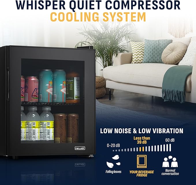 NewAir 60 Can Beverage Refrigerator | Compact Freestanding Mini Fridge for Bedroom, Dorm, Office or Gaming Room | Glass Door, Adjustable Shelf & Quiet Cooling | Black