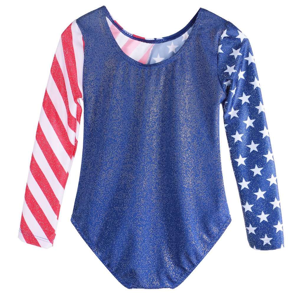 TFJH E Girls Gymnastics Leotards Long Sleeve Red Stripe Flag Star 10A