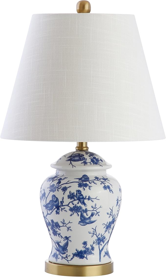 JONATHAN Y 22" Blue/White Ceramic Table Lamp, French Country Chinoiserie Ginger Jar LED Bedside Lamp for Living Room Bedroom, White Linen Shade, JYL3005A
