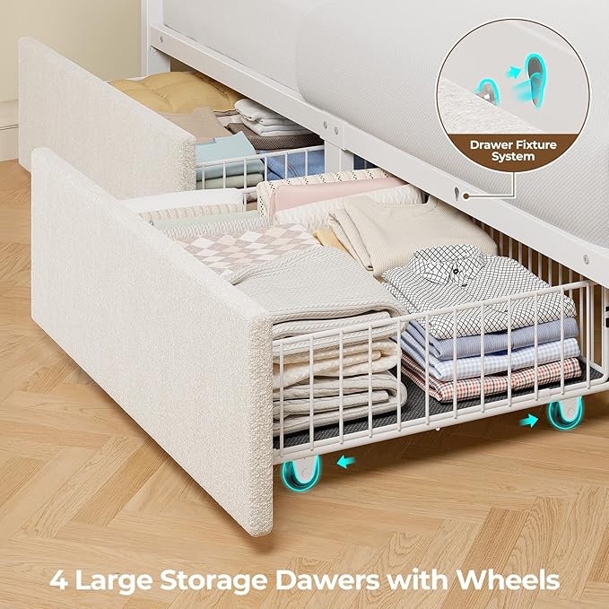 Seventable Twin Bed Frame with 4 Storage Drawers, Charging Station & LED Lights, Upholstered Headboard with 2-Tier Shelves, Metal Platform Bed, No Box Spring Needed, Noise-Free, White