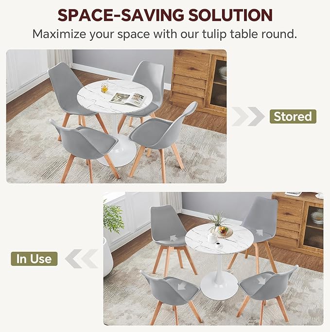 Small Space 27.5 Inch White Faux Marble Round Tulip Dining Table - Mid Century Pedestal Base Kitchen Table for 2-4 People - Easy Assembly & Easy to Clean