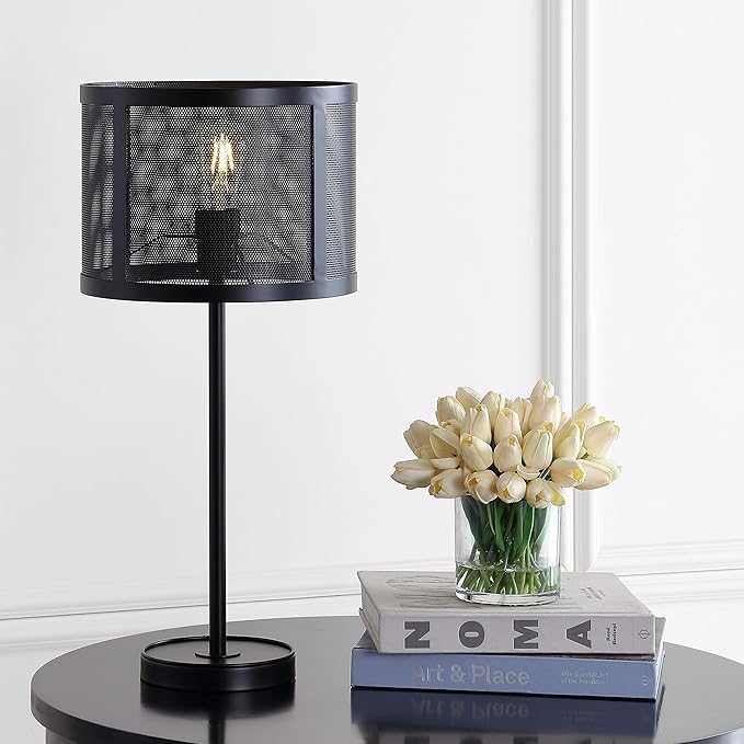 JONATHAN Y 25" Black Minimalist Metal LED Table Lamp, Modern Industrial Iron Desk Lamp for Living Room Bedroom, Round Metal Screen Drum Shade, LED Bulb Included JYL1102A
