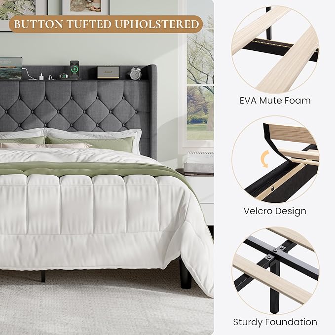 SHA CERLIN Queen Platform Bed Frame with Charging Station, Velvet Wingback Headboard with Storage Shelf, Wooden Slats Support, Ample Under-Bed Space, No Box Spring Needed, Easy Assembly, Dark Grey