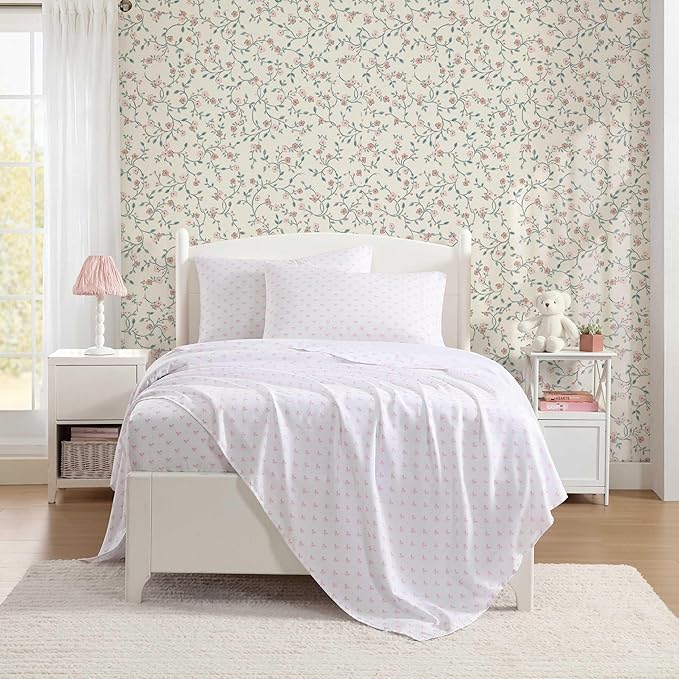 Laura Ashley Kids - Twin Sheet Set, Soft & Wrinkle-Resistant Toddler Bedding Set, Deep Pockets, Girl Bed Sheets with Matching Fitted Sheet & Pillowcase (Lovely Bows Pink)
