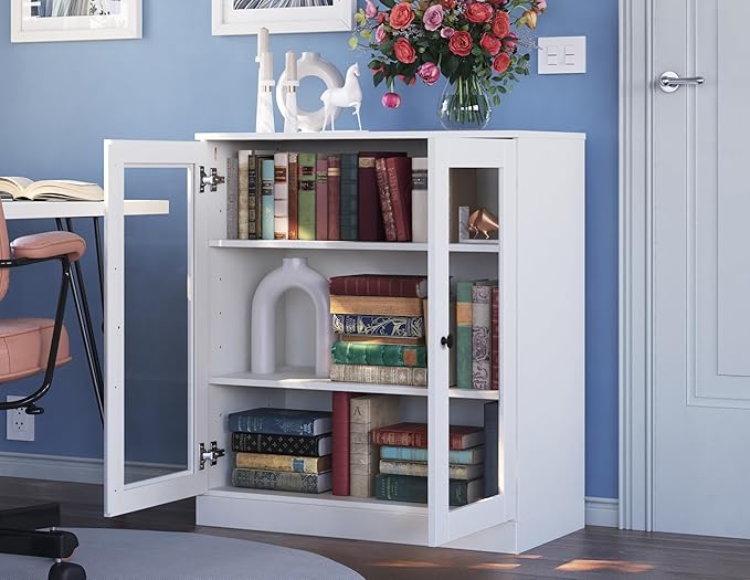 Palace Imports Solid Wood Bookcase - Floor Standing Bookshelf - 32” W - Display Furniture, Renewable 100% Eco-Friendly Wood, Made in Brazil (White, Clear Glass Doors | 3-Shelf Short Bookcase)