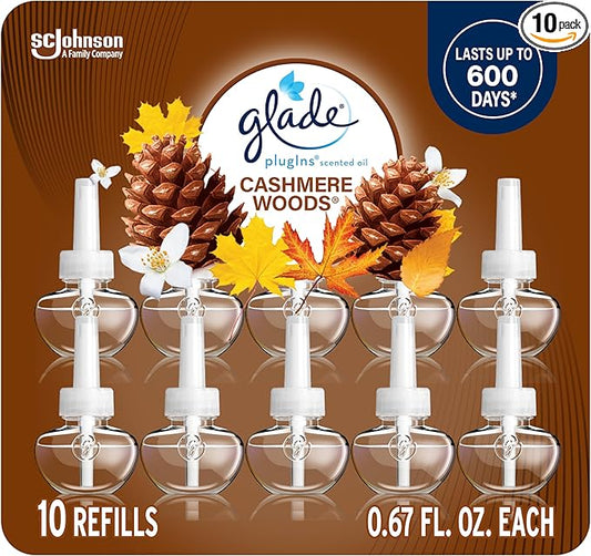 Glade PlugIns Refills Air Freshener, Scented and Essential Oils for Home and Bathroom, Cashmere Woods, 6.7 Fl Oz, 10 Count (Packaging May Vary)