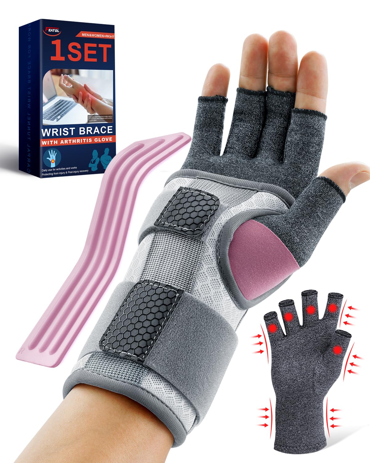 FEATOL Compression Arthritis Glove with Wrist Brace, Comfortable Fingerless Carpal Tunnel Hand Gloves for Women Night Support, Pain Relief for Rheumatoid Arthritis, Work, Typing - Right Hand, Large