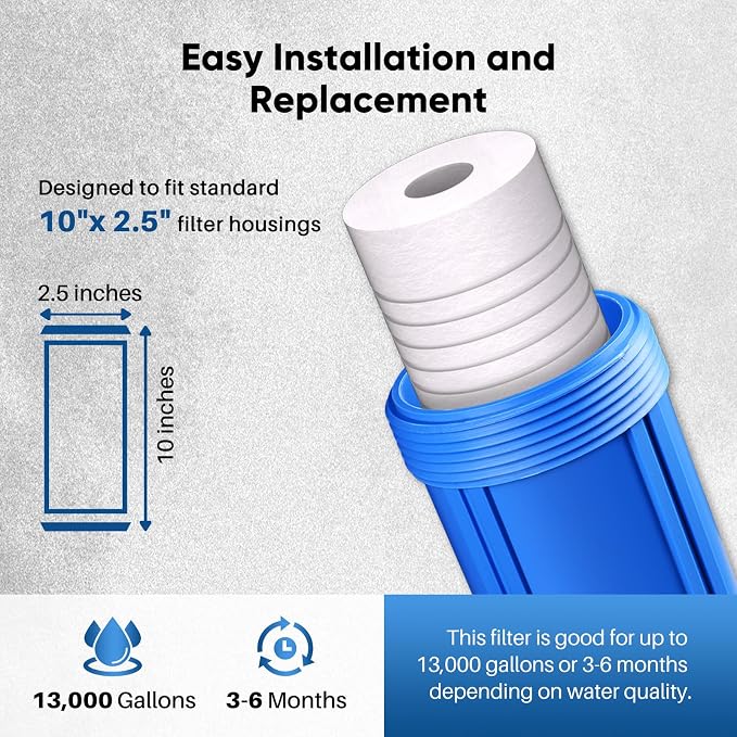 PUREPLUS 5 Micron 10" x 2.5" Whole House Grooved Sediment Home Water Filter