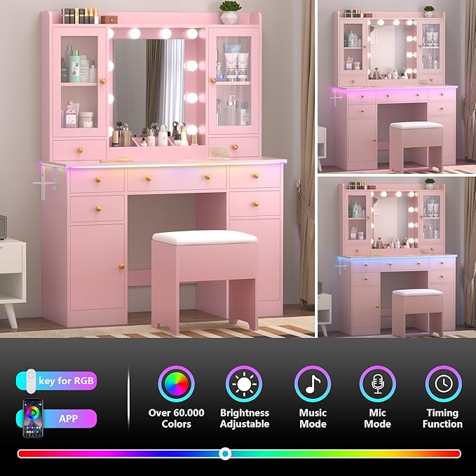 Vanity Desk with Mirror and Lights, 43" Pink Makeup Vanity Set with 5 Drawers & Glass Cabinets, Storage Stool, Power Outlet & Adjustable LED Lights, Dressing Table for Women & Girls Bedroom