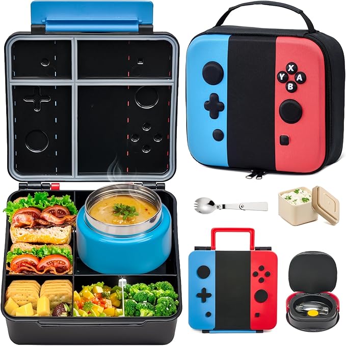 FAJSL Game Lunch Box for Kids with Thermo, 9 OZ Stainless Food Jar & Insulated Lunch Bag, BPA-Free Kids Lunch Bento Box with Sauce Cup, Leakproof Lunch Box Set for Boys & Girs, School, Travel
