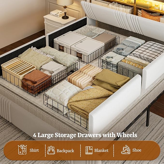 IKIFLY 49.2” Tall California King Bed Frames with 4 Storage Drawers, Upholstered Wingback Hidden Storage Headboard with LED Lights & Charging Station, No Box Spring Needed, Noise Free, White