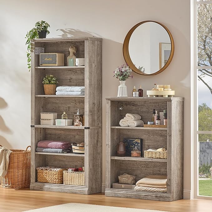 43" Grey Tall Bookshelf Set of 2,3-Tier Thick Wooden Book Shelf with Adjustable Shelves,Free Standing Farmhouse Bookcase with Open Display Storage,Floor Vintage Bookshelves for Living Room