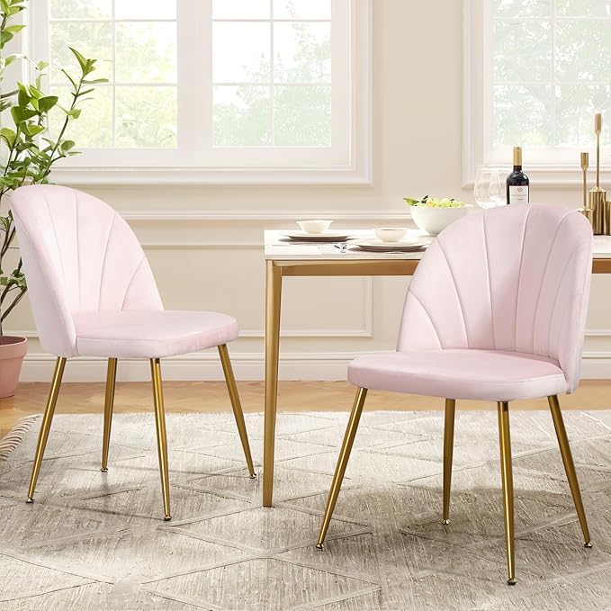 Velvet Dining Chairs Set of 2, Upholstered Mid Century Modern Dining Chairs, Armless Accent Chair with Metal Gold Legs for Living Room, Kitchen, Dining Room, Pink