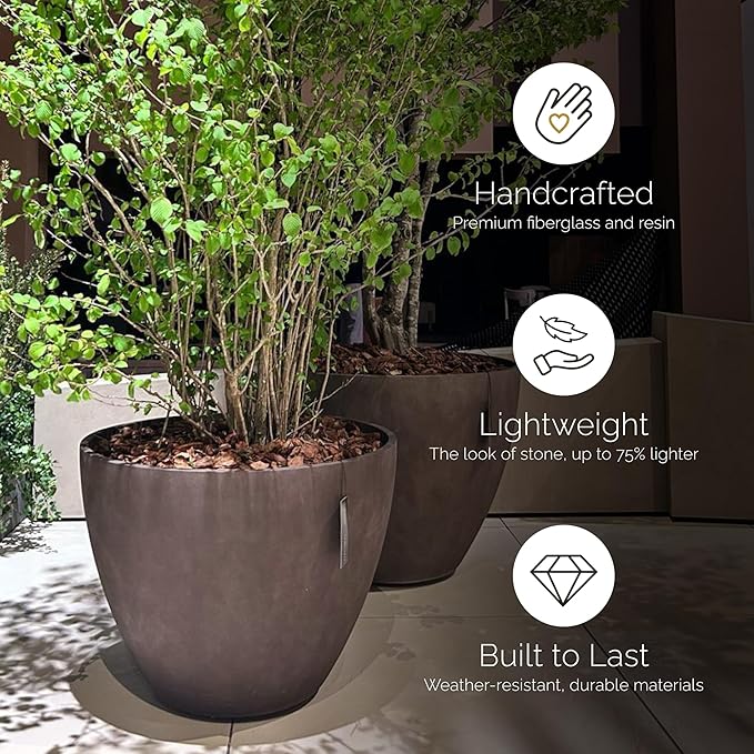 Lupo Tapered Planter – Brown Stone Finish – Fiberglass Indoor/Outdoor and Weather-Resistant Medium Planter (24.4" D x 18.7" H Exterior, 23.1" D x 18.1" H Interior)