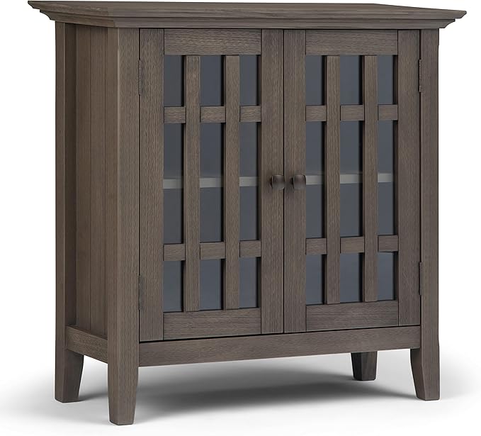 SIMPLIHOME Bedford Storage Cabinet - 32 inch Wide Solid Wood Low Media Cabinet in Farmhouse Grey, Transitional Console for Living Room, Entryway, or Dining Room with Glass Doors and Adjustable Shelves