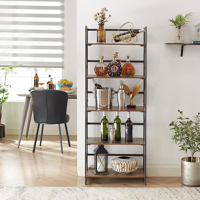 VECELO Folding Bookshelf, 5-Tier Bookcase Easy Assembly, Industrial Tall Book Shelf Storage Organizer for Living Room/Home Office,Antique Brown,1 Set