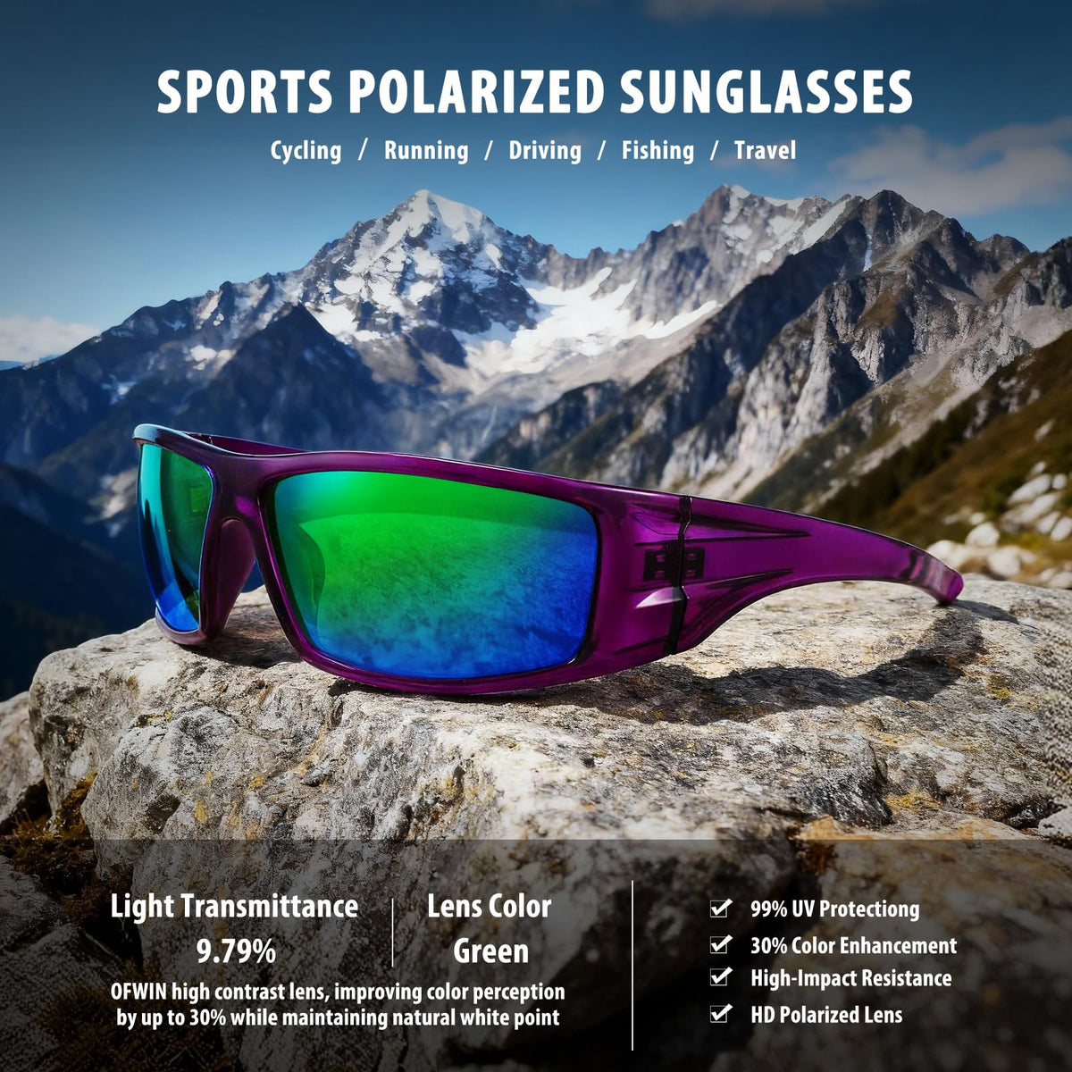 Ofwin Polarized Sports Sunglasses for Men Women Unbreakable Frame Cycling Fishing Wrap Around Sunglasses UV400 Protection 1-Clear Purple/Green Mirror Lens