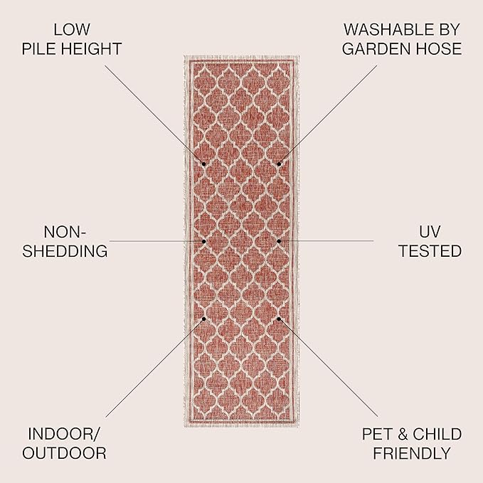 Eyely BMS109C-214 Santa Monica Trebol Moroccan Trellis Textured Weave, Pet Friendly, Non-Shedding, Stain Resistant, Easy-Cleaning, Red/Beige, 2 ft. x 14 ft., Indoor/Outdoor, Runner Rug