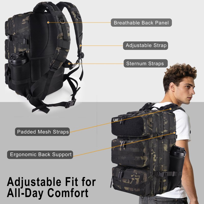 LHI Military Tactical Backpack for Men and Women 50L Army 3 Days Assault Pack Bag Large Rucksack with Shoe Compartment - Black CP
