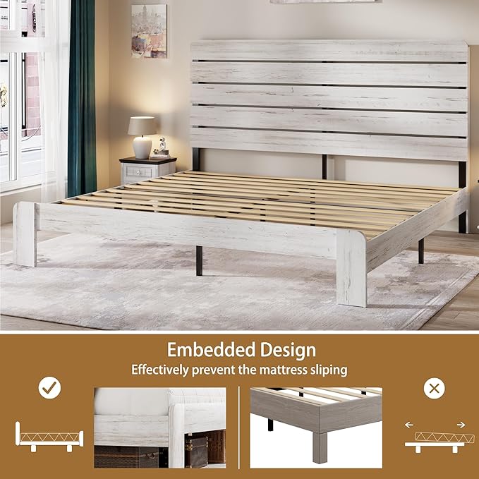 King Size Bed Frame with Wooden Headboard and Footboard, Rustic Platform Bedframe with Wood Slat Support, No Box Spring Needed, Under Bed Storage, Easy Assembly, White