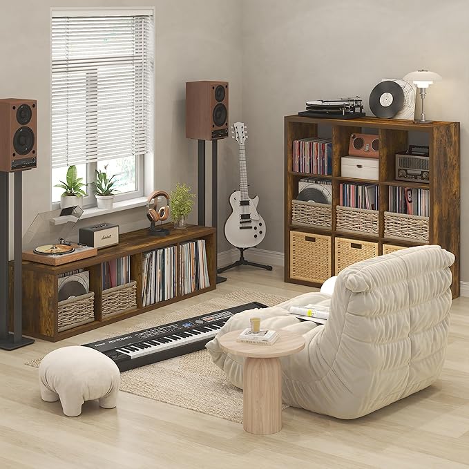 Furinno Cubicle Record Player Stand with Vinyl Storage, 9-Cube 1.2 Extra Thick Vinyl Record Storage, Open Back Media Shelf for CD DVD Blueray Game Disc, for Living Room, Home Office, Amber Pine