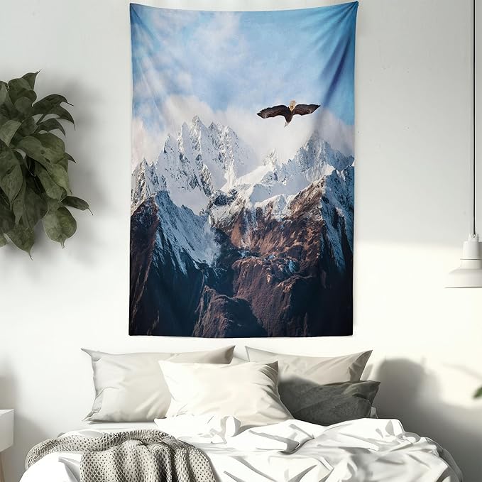 Ambesonne Mountain Tapestry, Frozen Peaks Tops of the Mountain with a Flying Eagle Free in Nature Photo, Fabric Wall Hanging Decor for Bedroom Living Room Dorm, 23" X 28", Brown White Blue