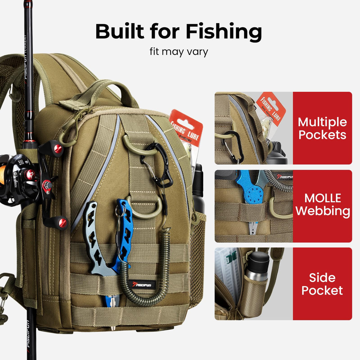 Piscifun Fishing Backpack with Rod Holder, Lightweight Sling Bag Storge Gear and Equipment, Khaki, Latch, Standard