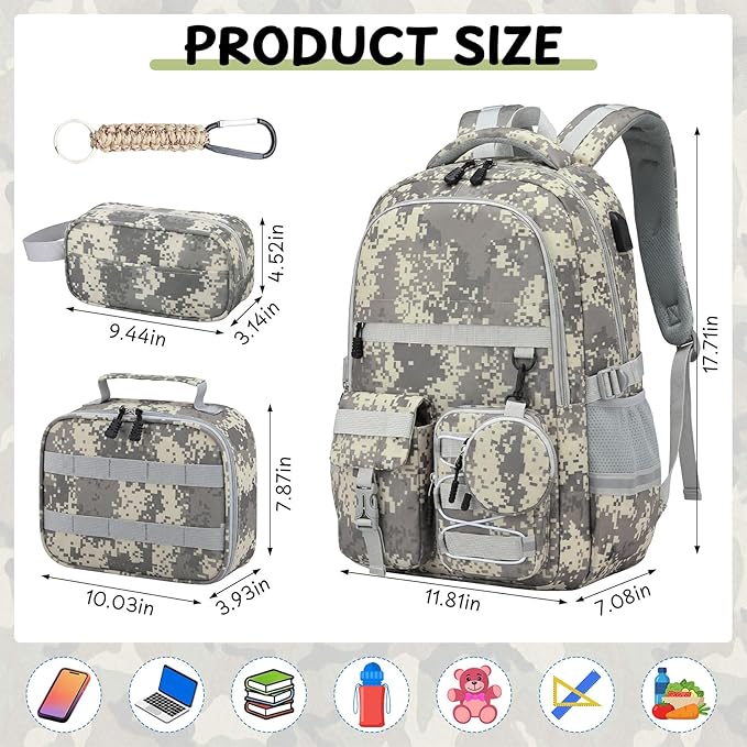 School Backpack for Boys - 5pcs Camo Boys Backpack with Lunch Box Set for Kids Teens Elementary Middle High School,18″ Large Capacity Students Bookbag