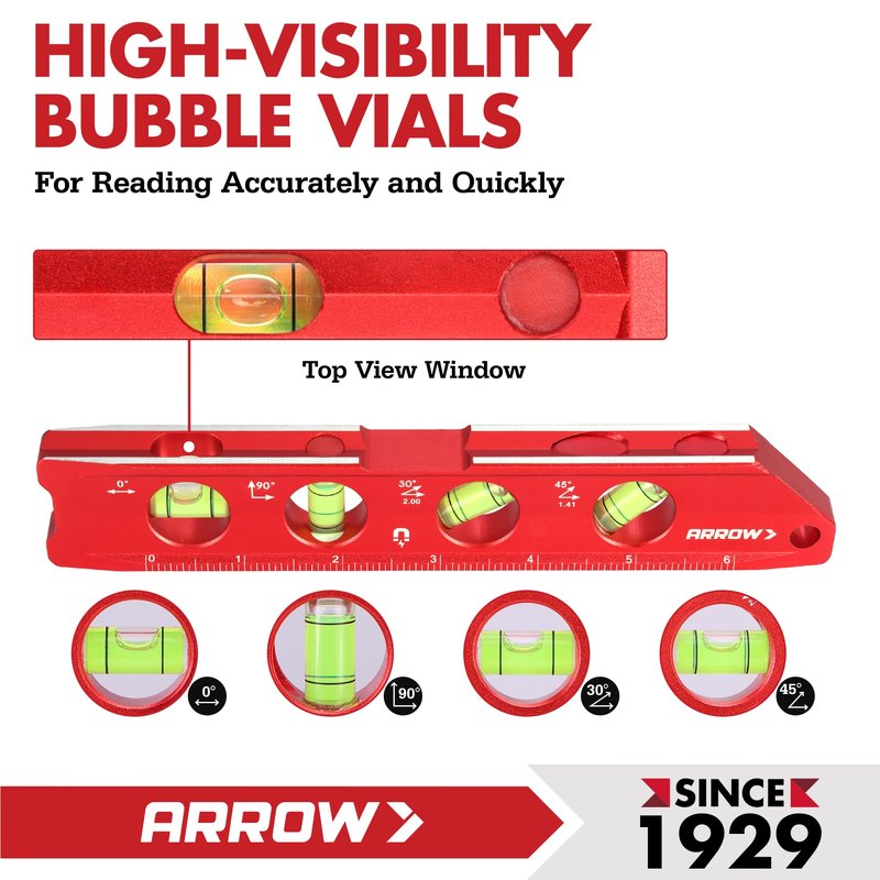 ARROW 8-Inch Torpedo Level, Magnetic Level Tool with 0°/30°/45°/90° Bubbles, Top-view Windows, Aluminium Alloy Frame, Dual Metric and SAE Scales